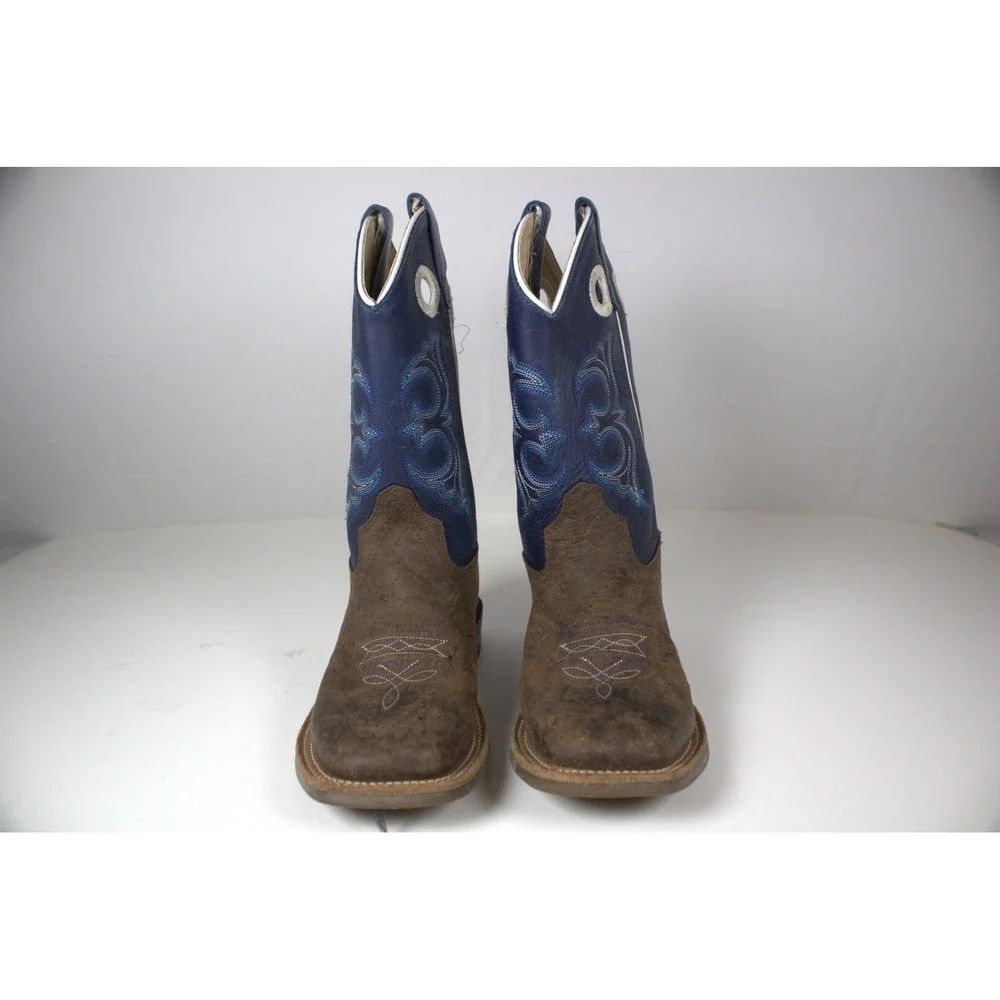 Old West Youth 3 D Western Boots Broad Square Toe Brown Blue Leather Cowboy